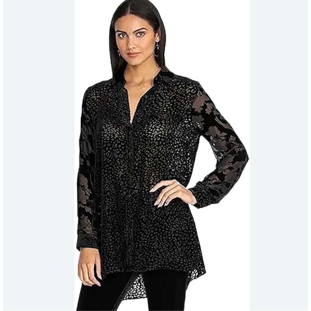 Johnny Was Black Velvet Burnout Long-Sleeve Tunic Blouse
